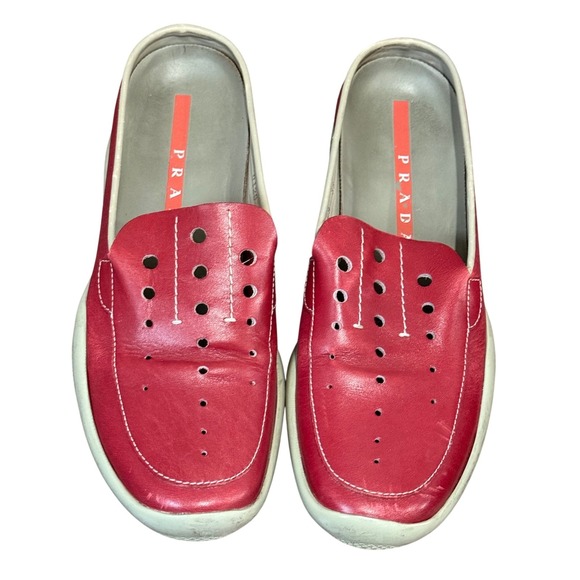 Prada Leather Mule Slip-on Slides Shoes Women 36/6 Red Gray Made in Italy - Picture 2 of 16